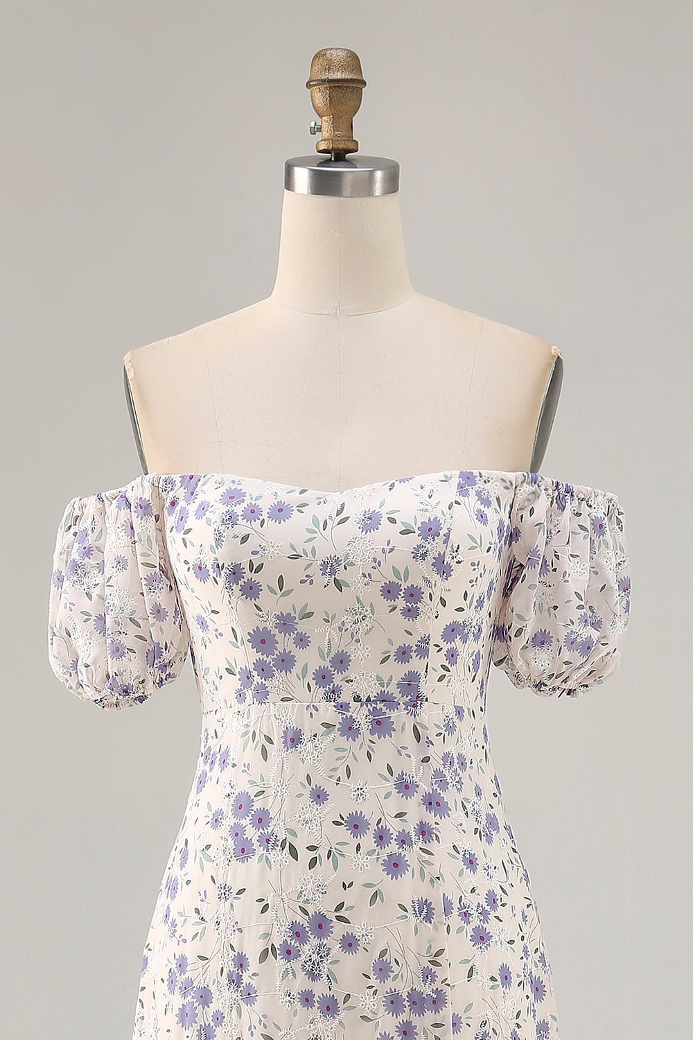 A Line Printed Blue Flower Long Wedding Guest Dress with Slit