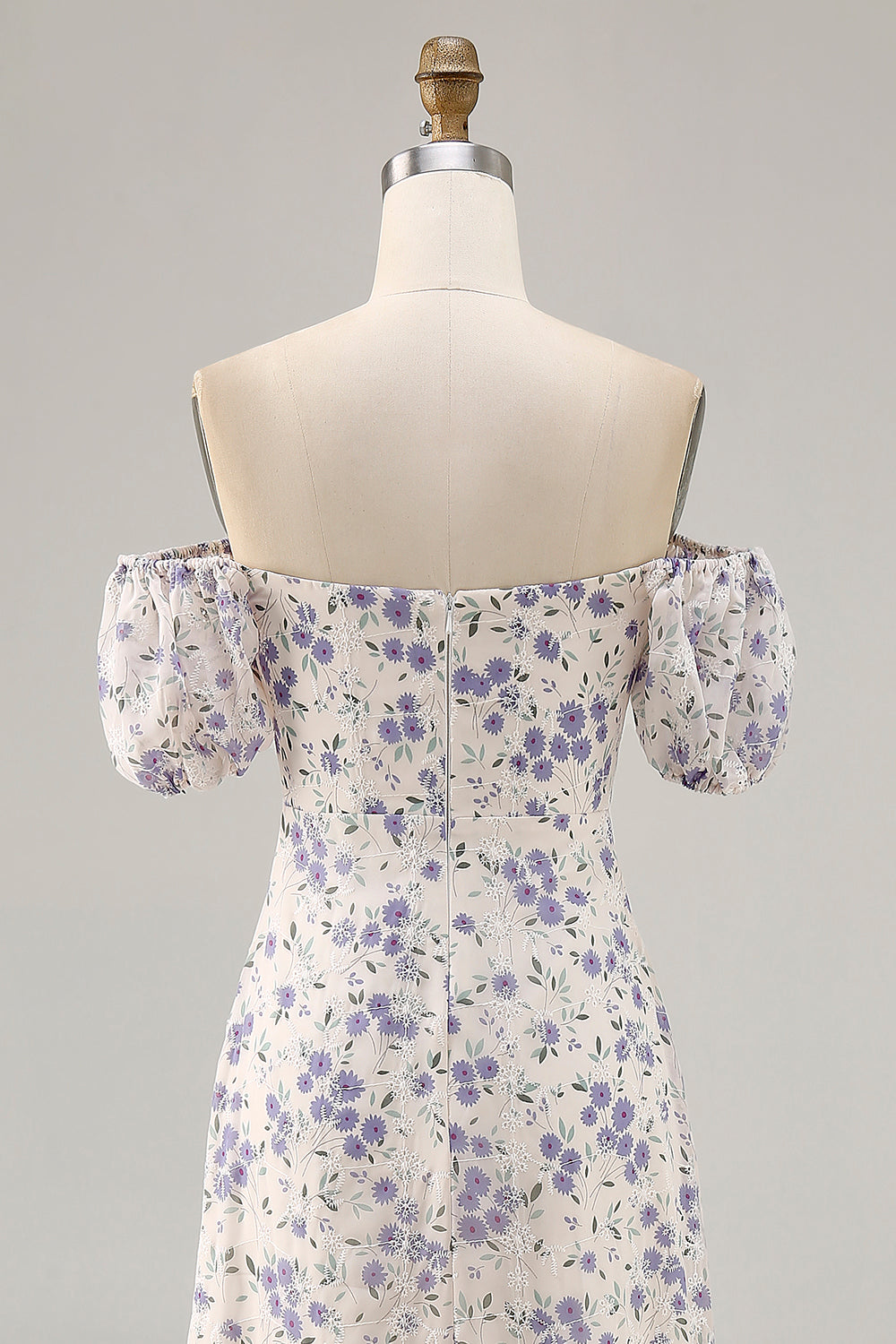 A Line Printed Blue Flower Long Wedding Guest Dress with Slit