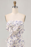 Blue Floral Sheath Strapless Ruffled Bridesmaid Dress