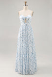 Blue Printed Floral Spaghetti Straps Cut Out Wedding Guest Dress