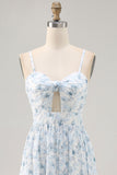 Blue Printed Floral Spaghetti Straps Cut Out Wedding Guest Dress