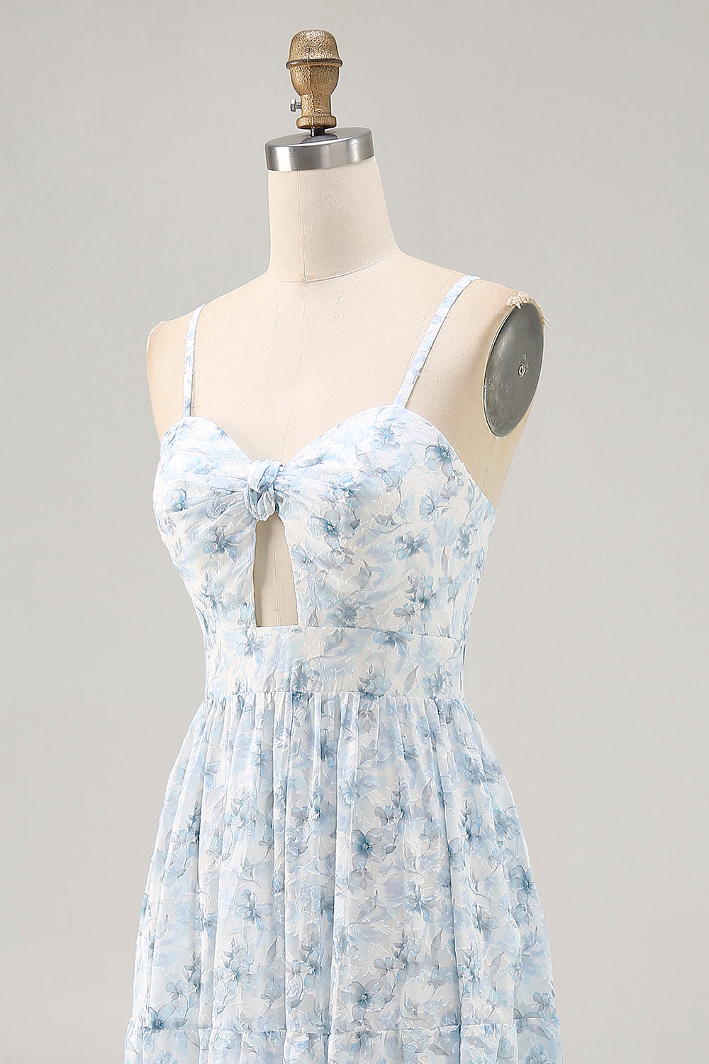 Blue Printed Floral Spaghetti Straps Cut Out Wedding Guest Dress