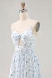 Blue Printed Floral Spaghetti Straps Cut Out Wedding Guest Dress