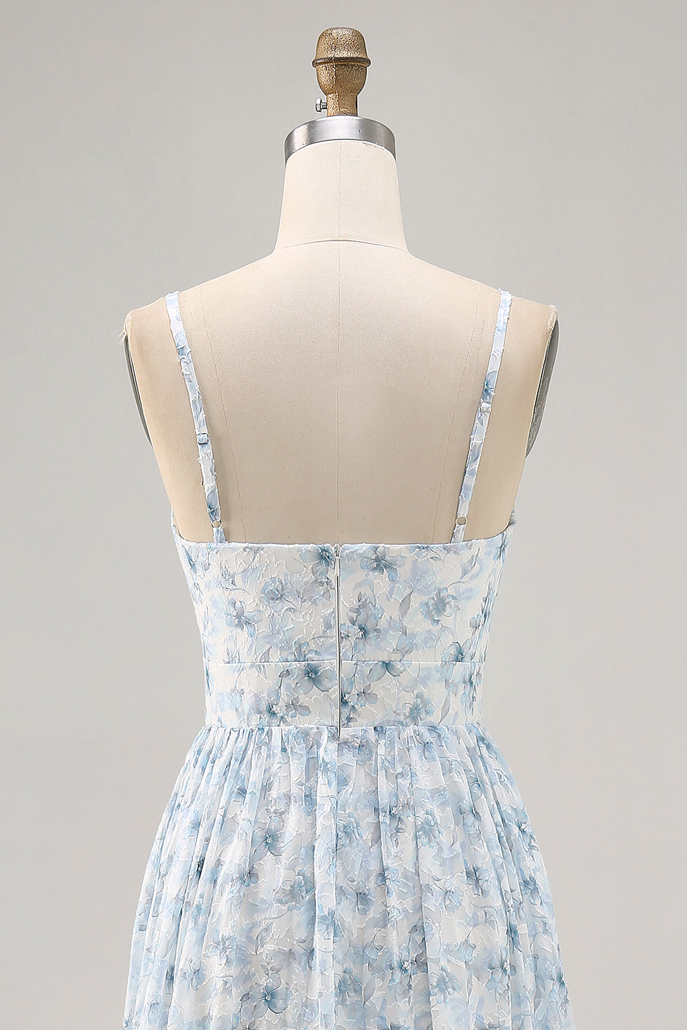 Blue Printed Floral Spaghetti Straps Cut Out Wedding Guest Dress