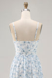 Blue Printed Floral Spaghetti Straps Cut Out Wedding Guest Dress