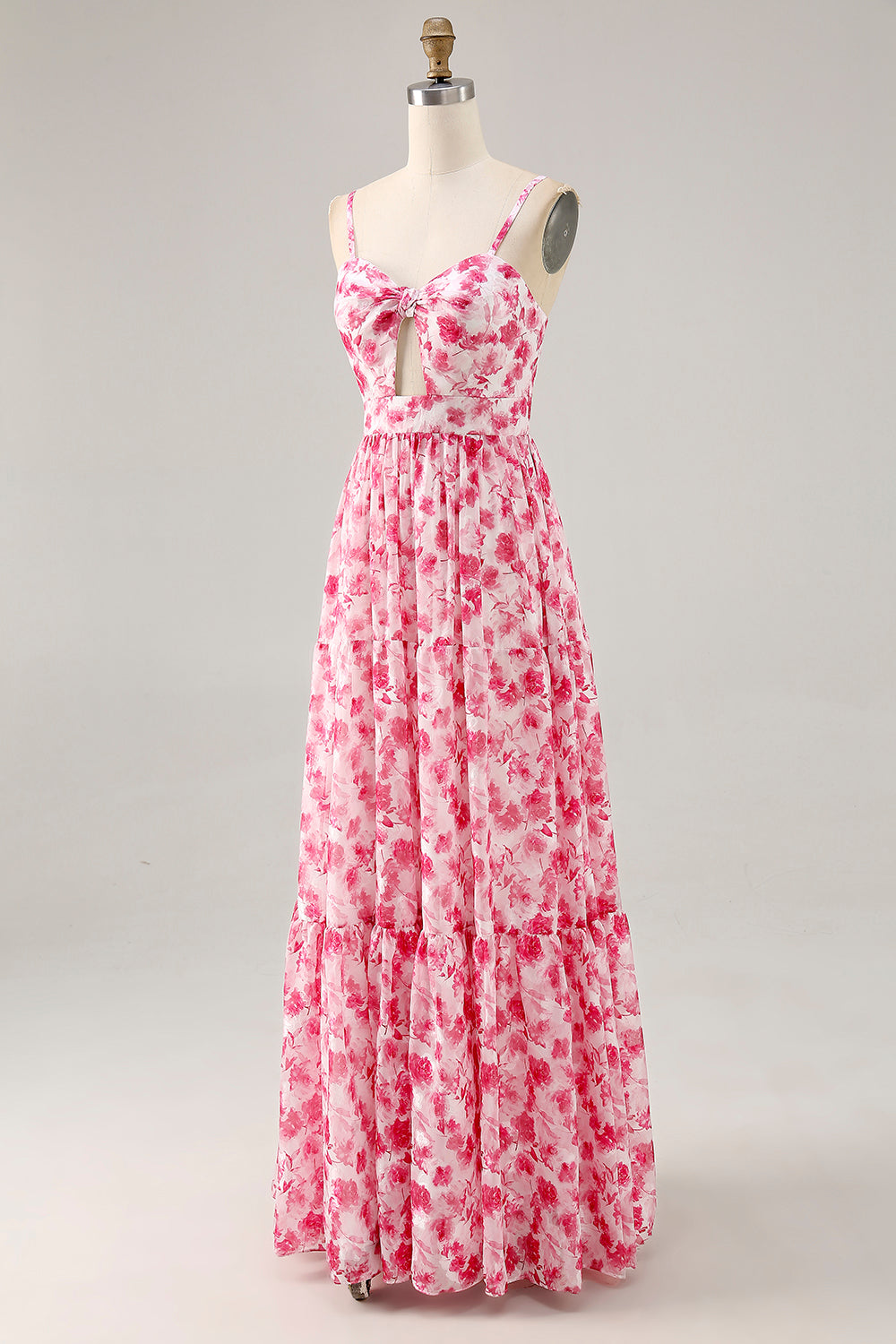 Blue Printed Floral Spaghetti Straps Cut Out Wedding Guest Dress