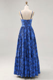 Floral A Line Blue Spaghetti Straps Cut Out Wedding Guest Dress