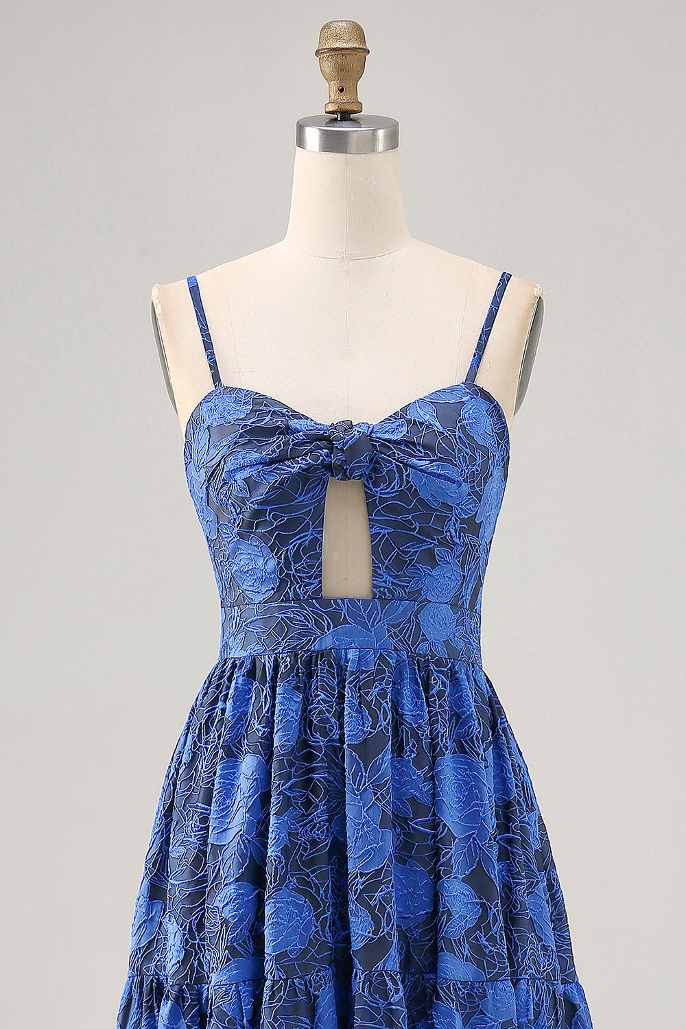 Floral A Line Blue Spaghetti Straps Cut Out Wedding Guest Dress
