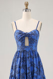 Floral A Line Blue Spaghetti Straps Cut Out Wedding Guest Dress