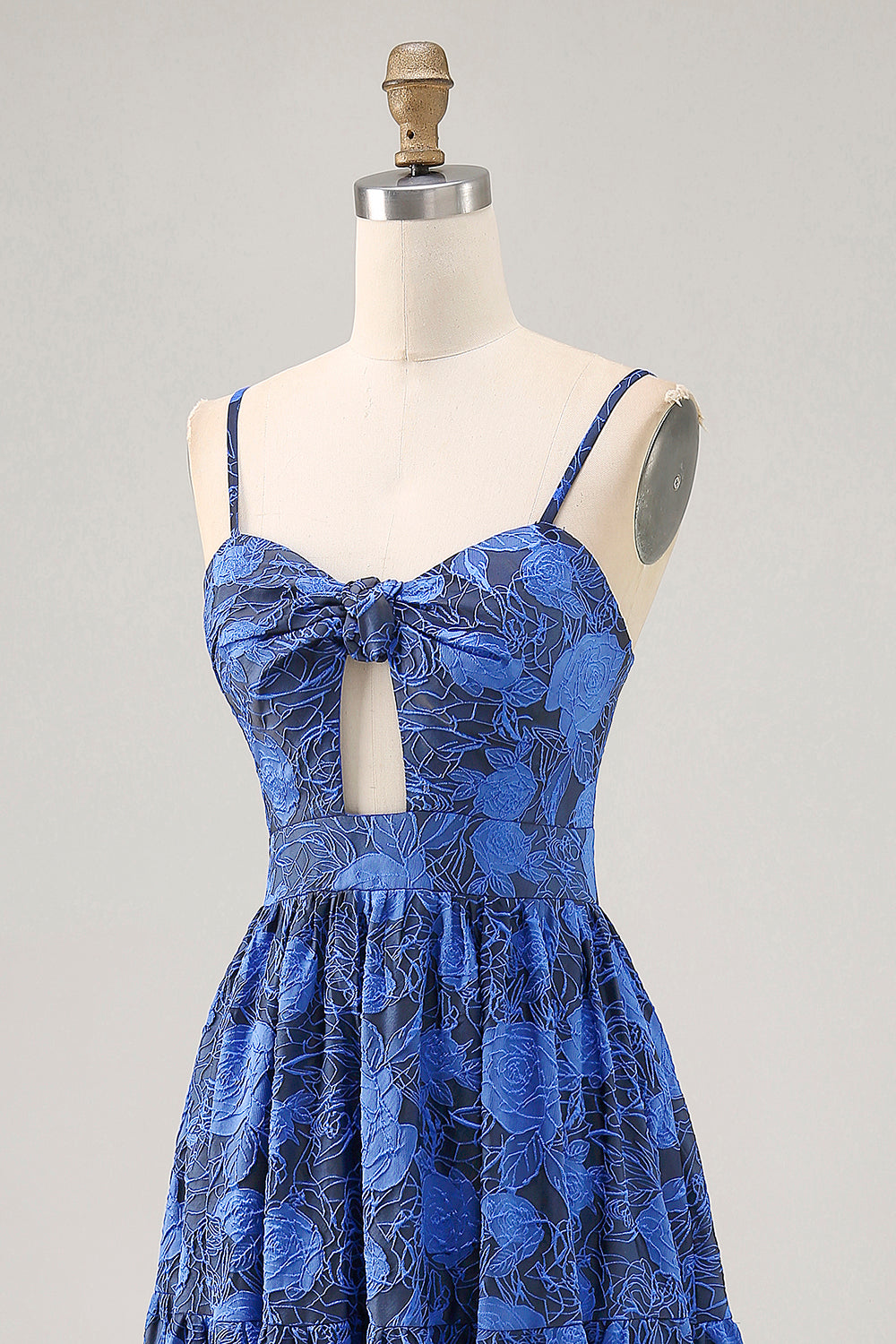 Floral A Line Blue Spaghetti Straps Cut Out Wedding Guest Dress