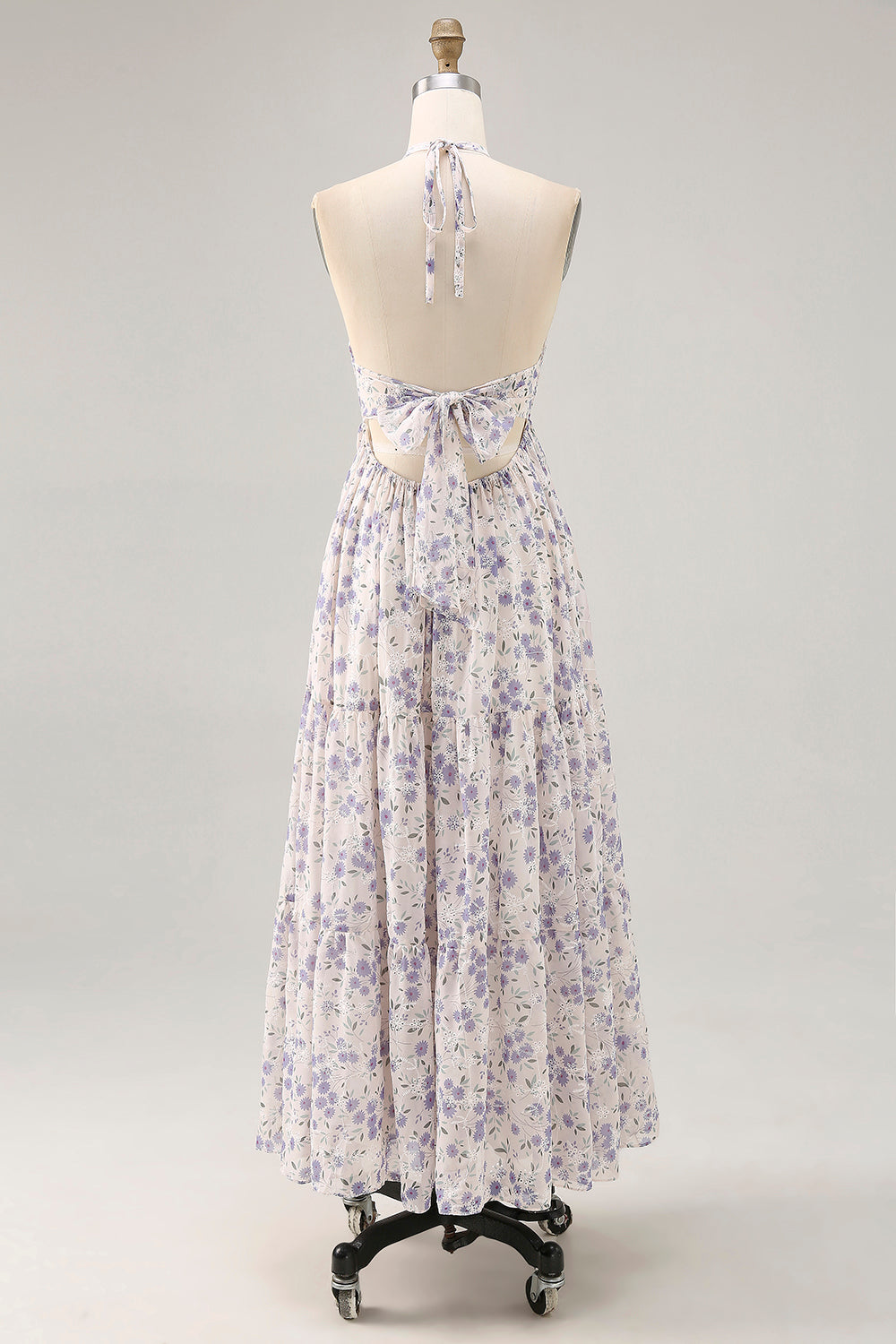 Floral Ruched A Line Blue Halter Long Wedding Guest Dress