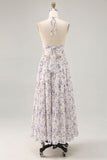 Floral Ruched A Line Blue Halter Long Wedding Guest Dress