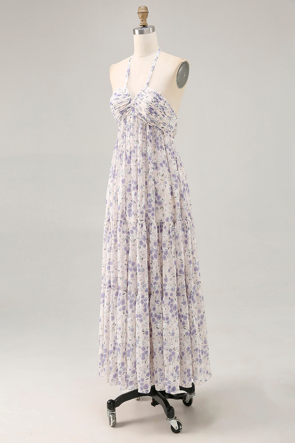 Floral Ruched A Line Blue Halter Long Wedding Guest Dress