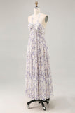 Floral Ruched A Line Blue Halter Long Wedding Guest Dress