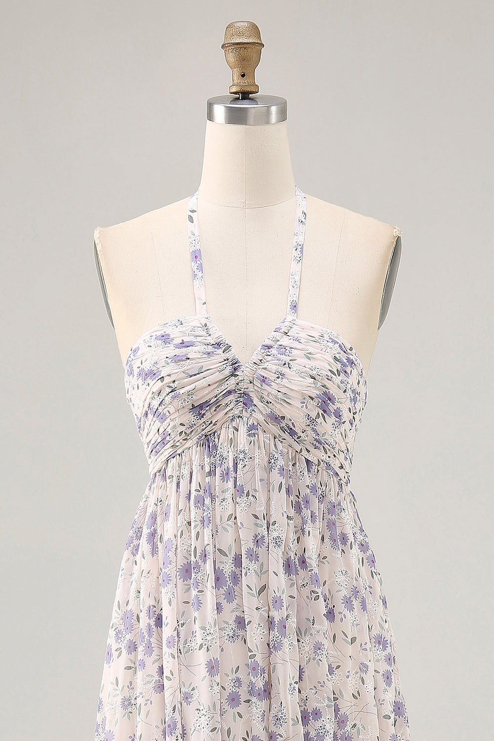 Floral Ruched A Line Blue Halter Long Wedding Guest Dress