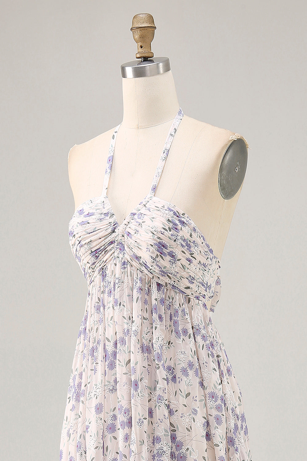 Floral Ruched A Line Blue Halter Long Wedding Guest Dress