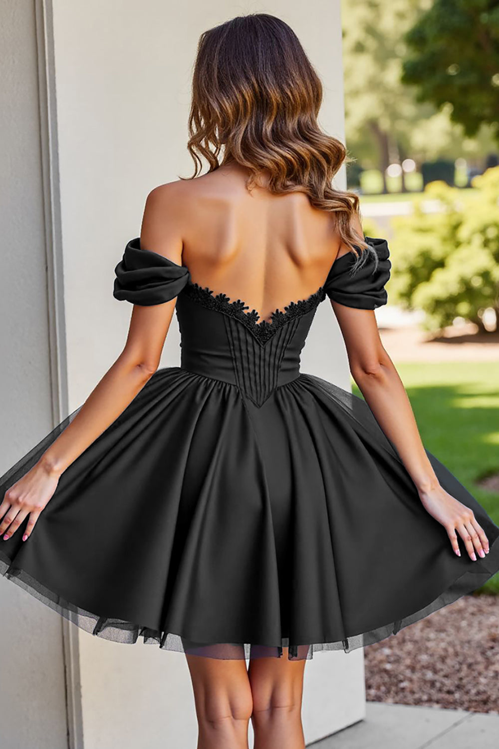 Black A Line Ruched Short Prom Dress with Appliques