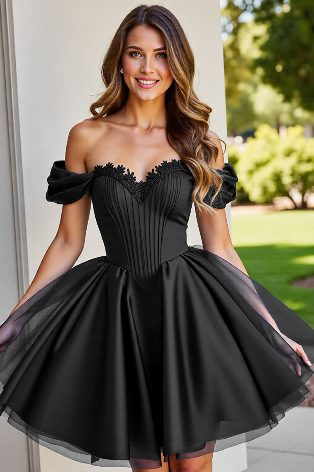 Black A Line Ruched Short Prom Dress with Appliques