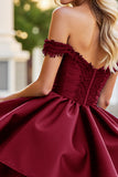 Burgundy Satin A Line Short Prom Dress with Appliques