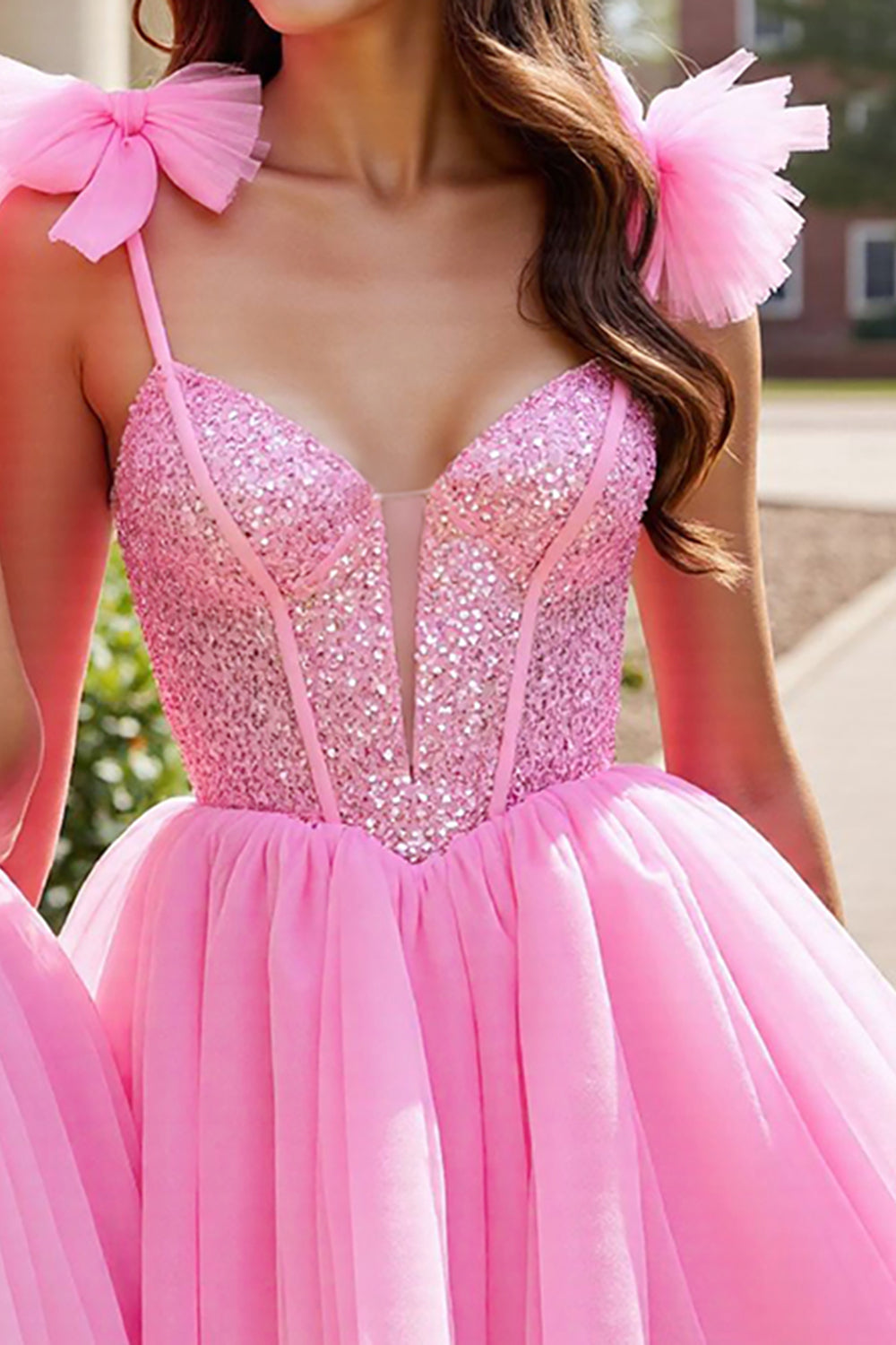 Sparkly Pink Sequin Corset Short Prom Dress with Bows