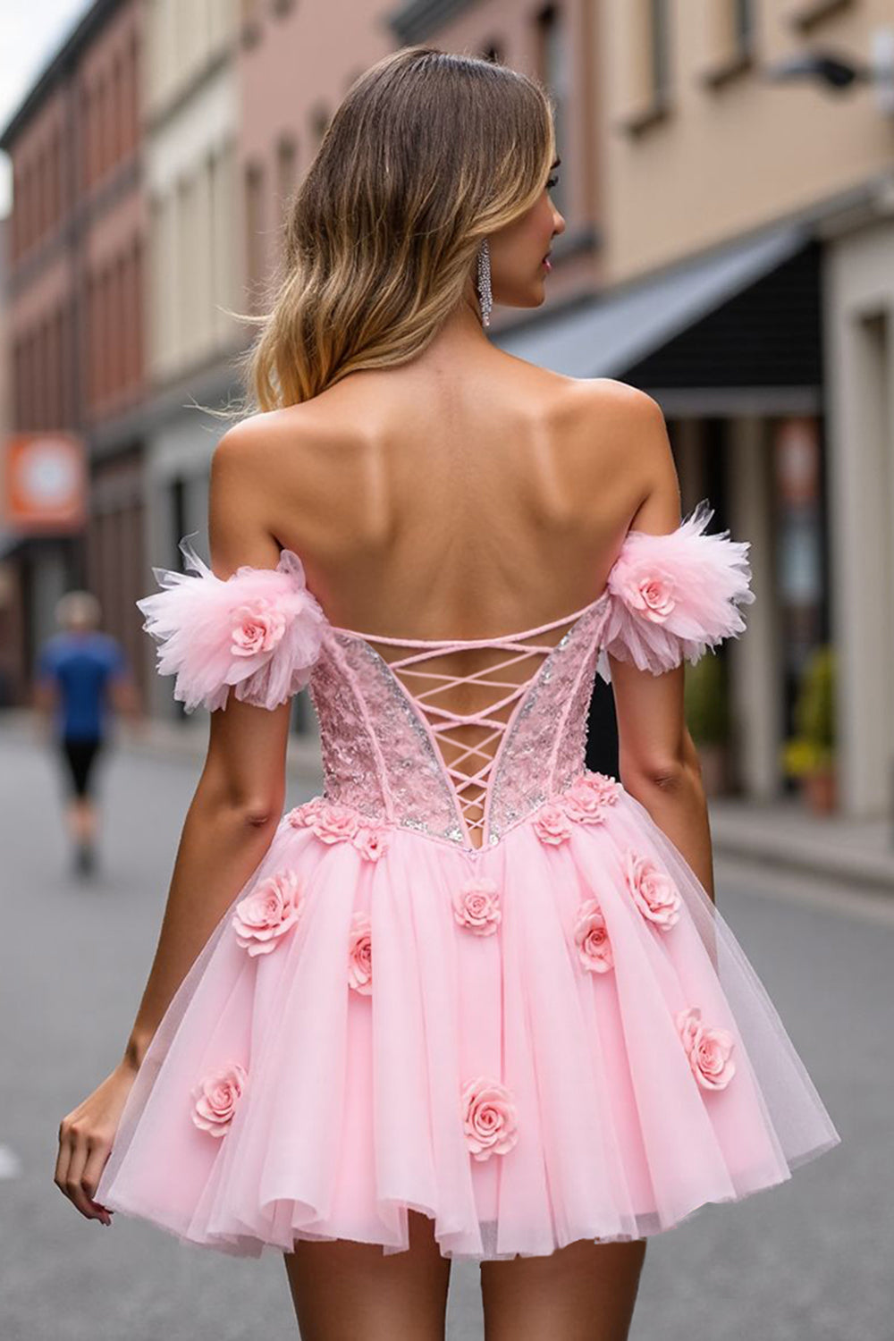 Floral Corset Blush Tulle Short Prom Dress with Appliques