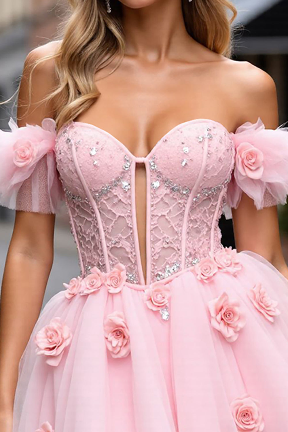 Floral Corset Blush Tulle Short Prom Dress with Appliques