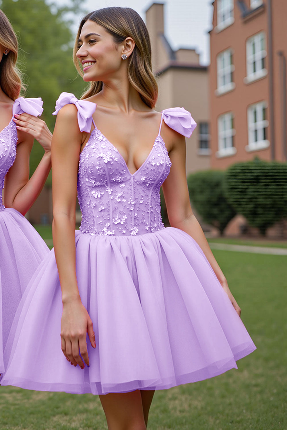 Deep V-Neck Corset Lilac Tulle Short Prom Dress with Appliques