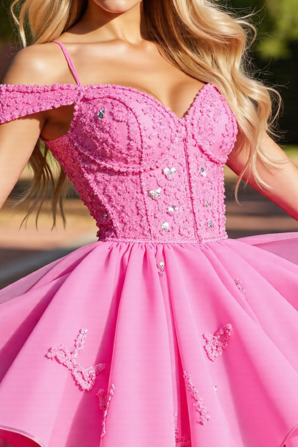 Pink Corset Cold Shoulder Short Prom Dress with Appliques