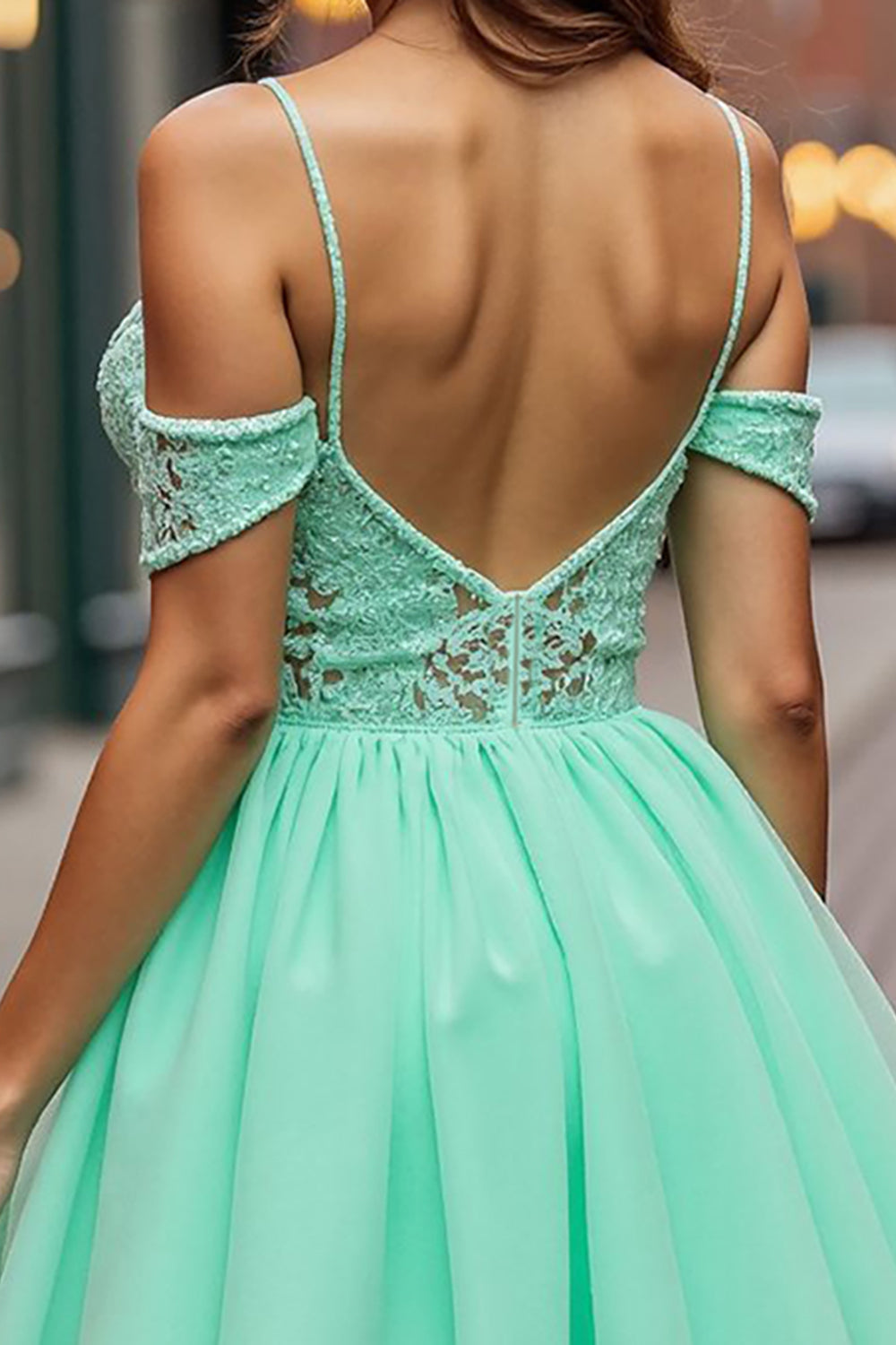 A Line Tulle Mint Green Cold Shoulder Short Prom Dress