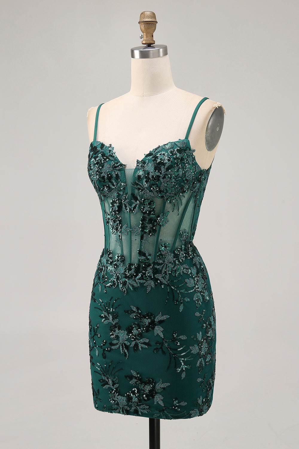 Dark Green Bodycon Backless Sheer Corset Short Prom Dress with Sequins
