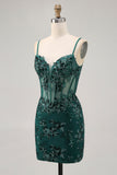Dark Green Bodycon Backless Sheer Corset Short Prom Dress with Sequins