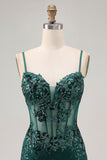 Dark Green Bodycon Backless Sheer Corset Short Prom Dress with Sequins
