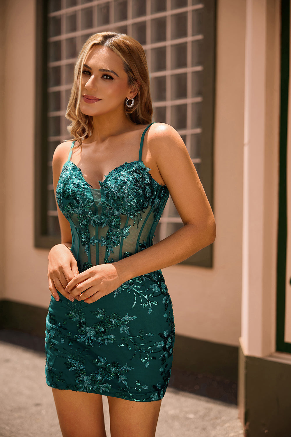 Sparkly Sequins Dark Green Bodycon Backless Corset Cocktail Dress
