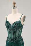 Dark Green Bodycon Backless Sheer Corset Short Prom Dress with Sequins