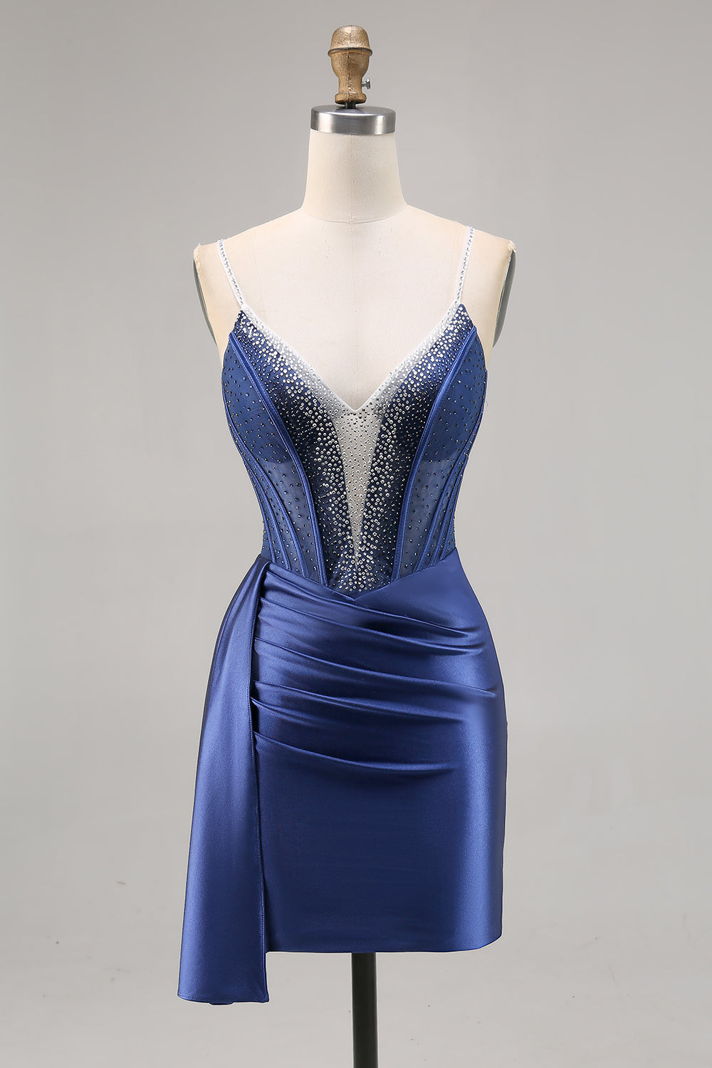Navy Satin Beaded Corset Cocktail Dress with Sash