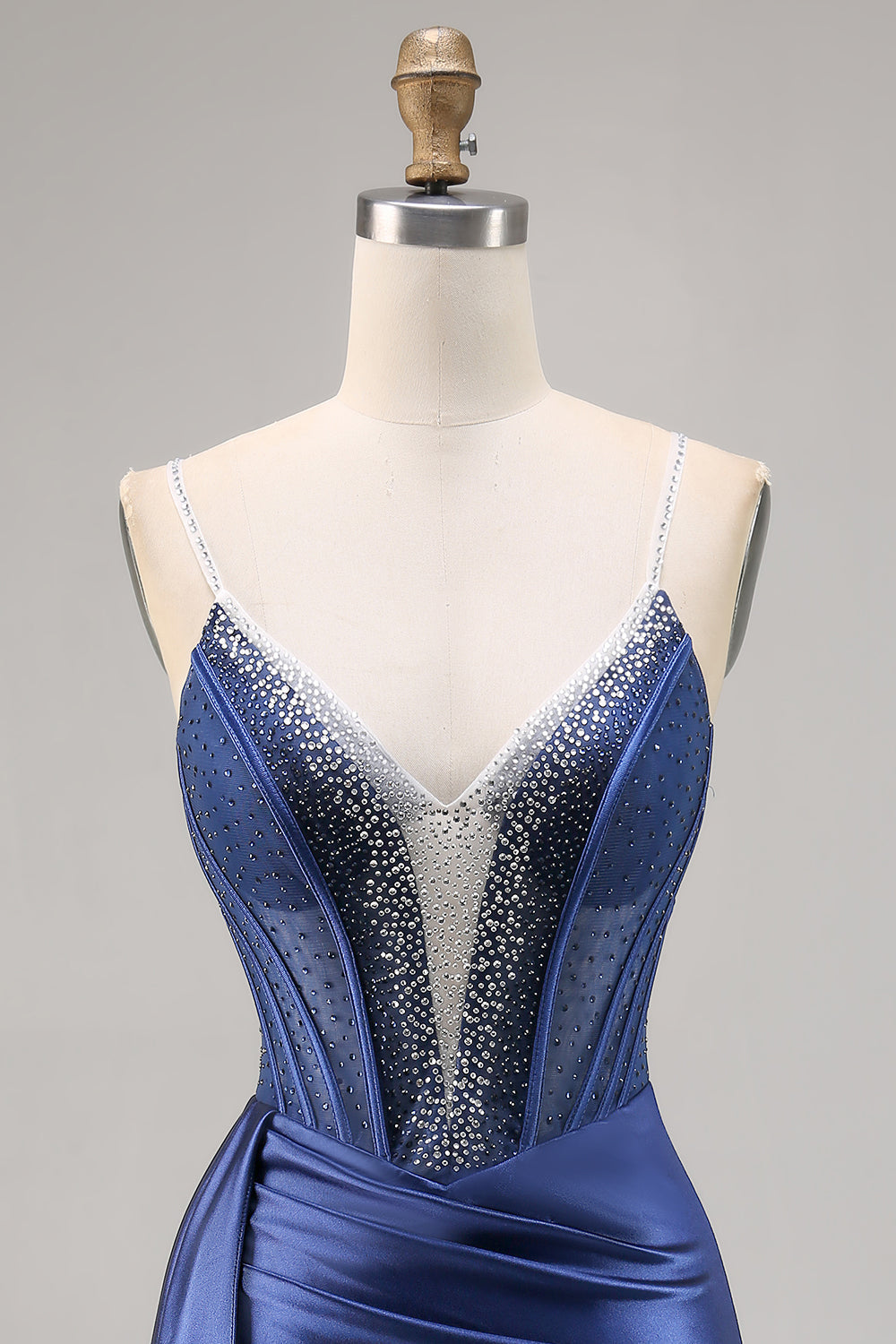 Navy Satin Beaded Corset Cocktail Dress with Sash