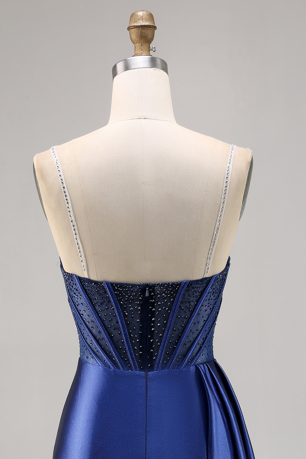 Navy Satin Beaded Corset Cocktail Dress with Sash