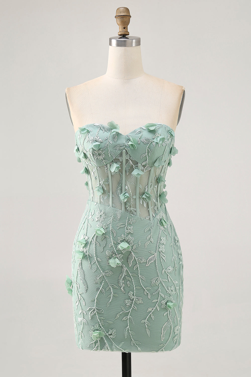 Sage Sweetheart Corset Appliqued Short Prom Dress