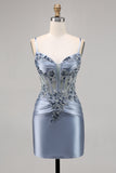 Grey Blue Beaded Corset Cocktail Dress with Appliques
