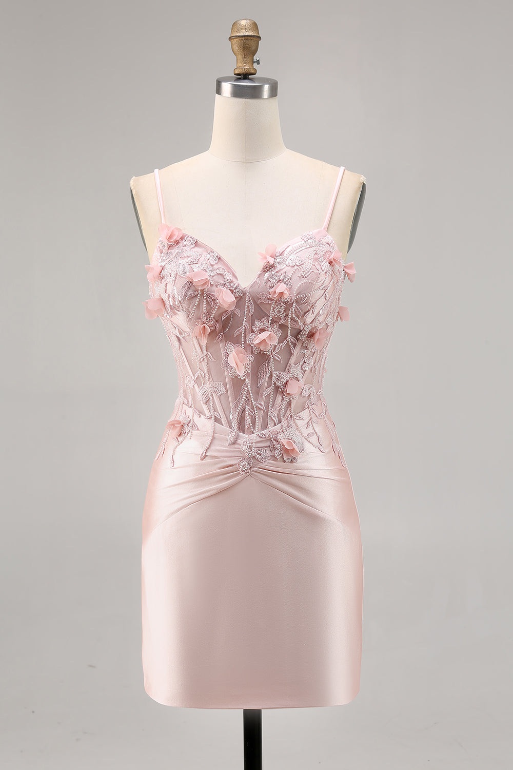 Pink Satin Corset Bodycon Cocktail Dress with Appliques