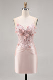 Pink Satin Corset Bodycon Cocktail Dress with Appliques