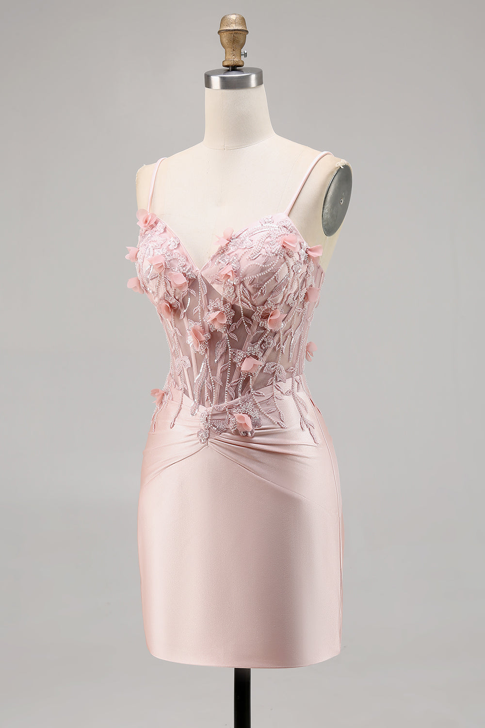 Pink Satin Corset Bodycon Cocktail Dress with Appliques