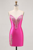 Fuchsia Strapless Beaded Bodycon Short Prom Dress with Slit