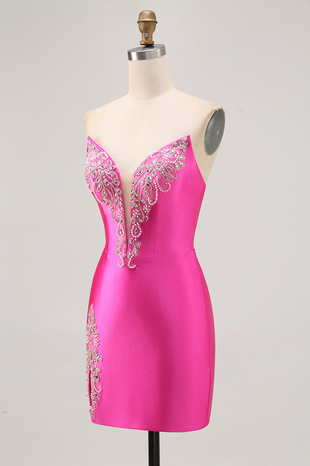 Fuchsia Strapless Beaded Bodycon Short Prom Dress with Slit
