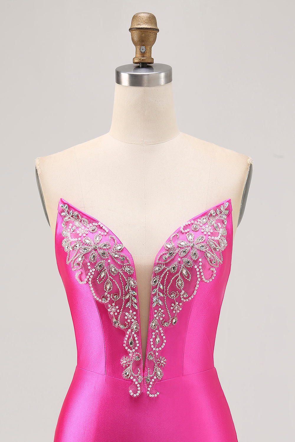 Fuchsia Strapless Beaded Bodycon Short Prom Dress with Slit
