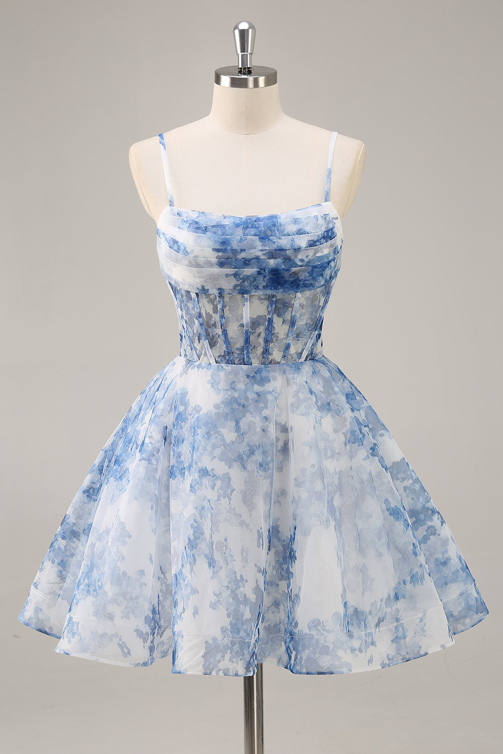 White Blue Flower A Line Corset Ruched Cocktail Dress