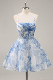 White Blue Flower A Line Corset Ruched Cocktail Dress