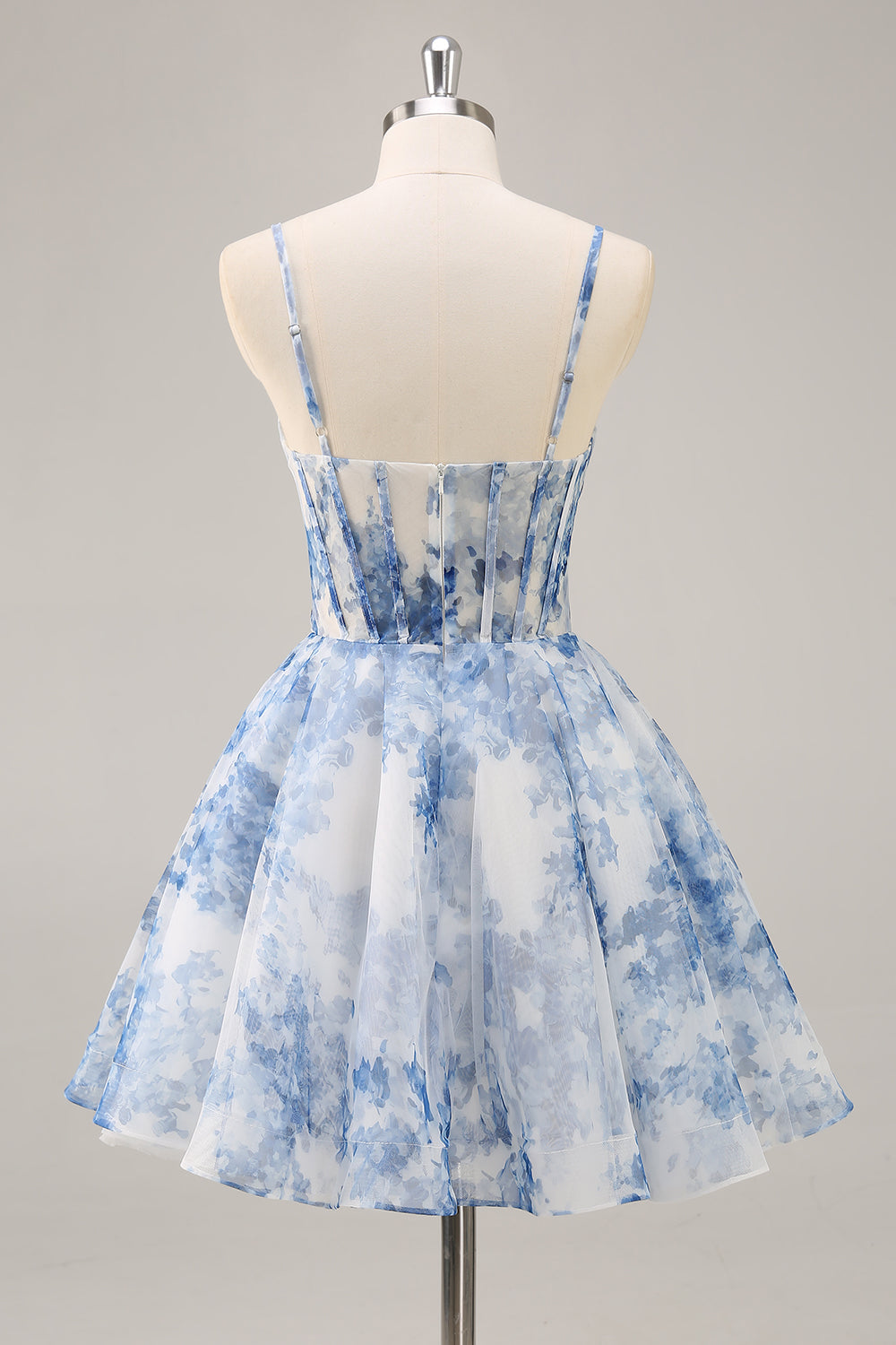 White Blue Flower A Line Corset Ruched Cocktail Dress