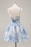White Blue Flower A Line Corset Ruched Cocktail Dress
