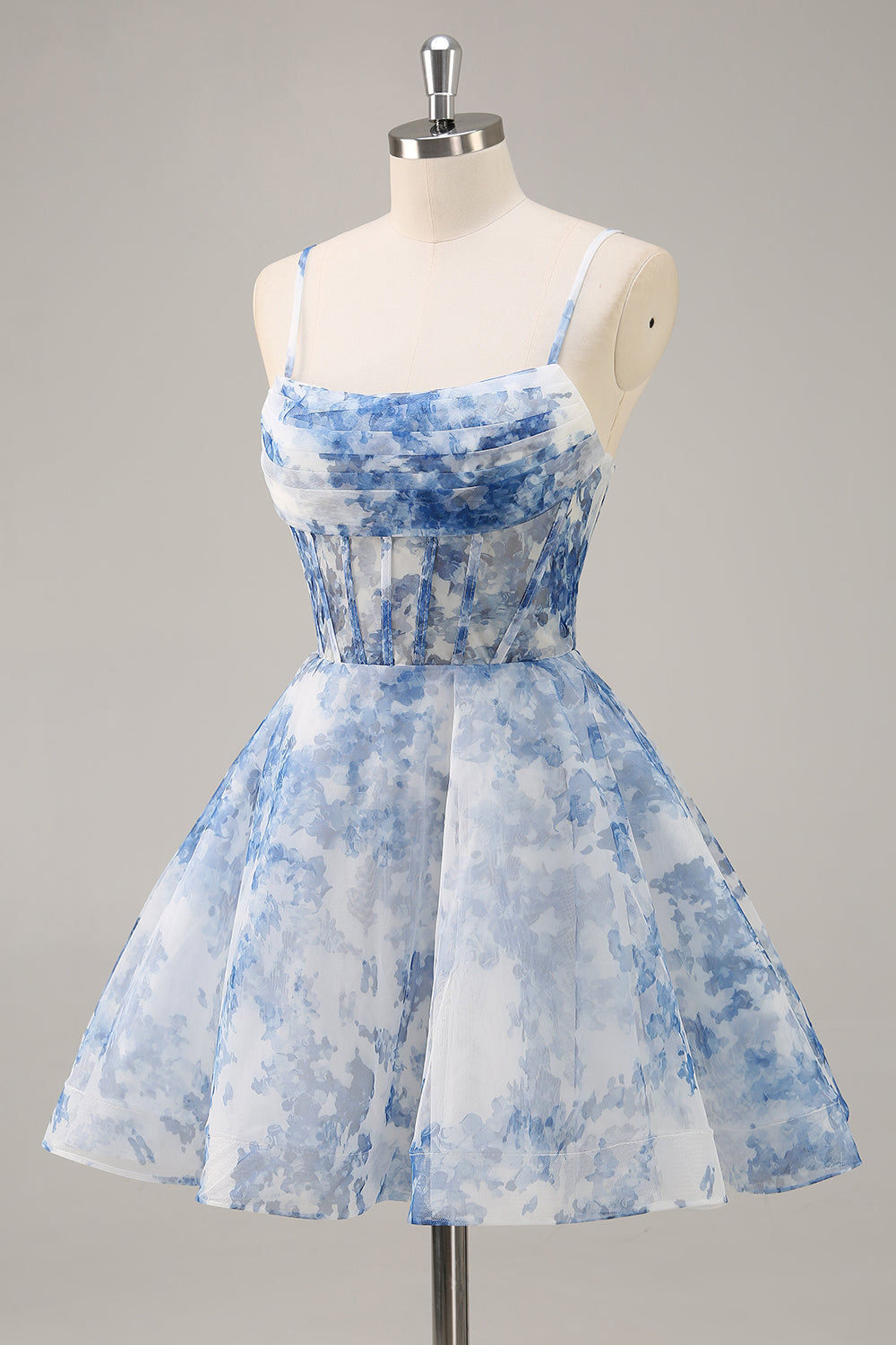 White Blue Flower A Line Corset Ruched Cocktail Dress